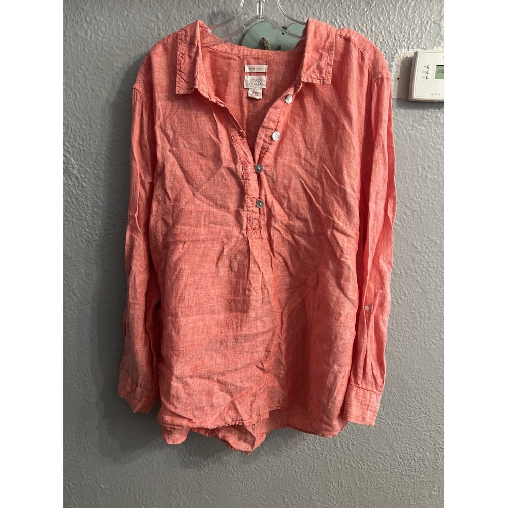 Sigrid Olsen Shirt Womens Size 2X Coral Linen Tunic Button Down Roll Tab Sleeve